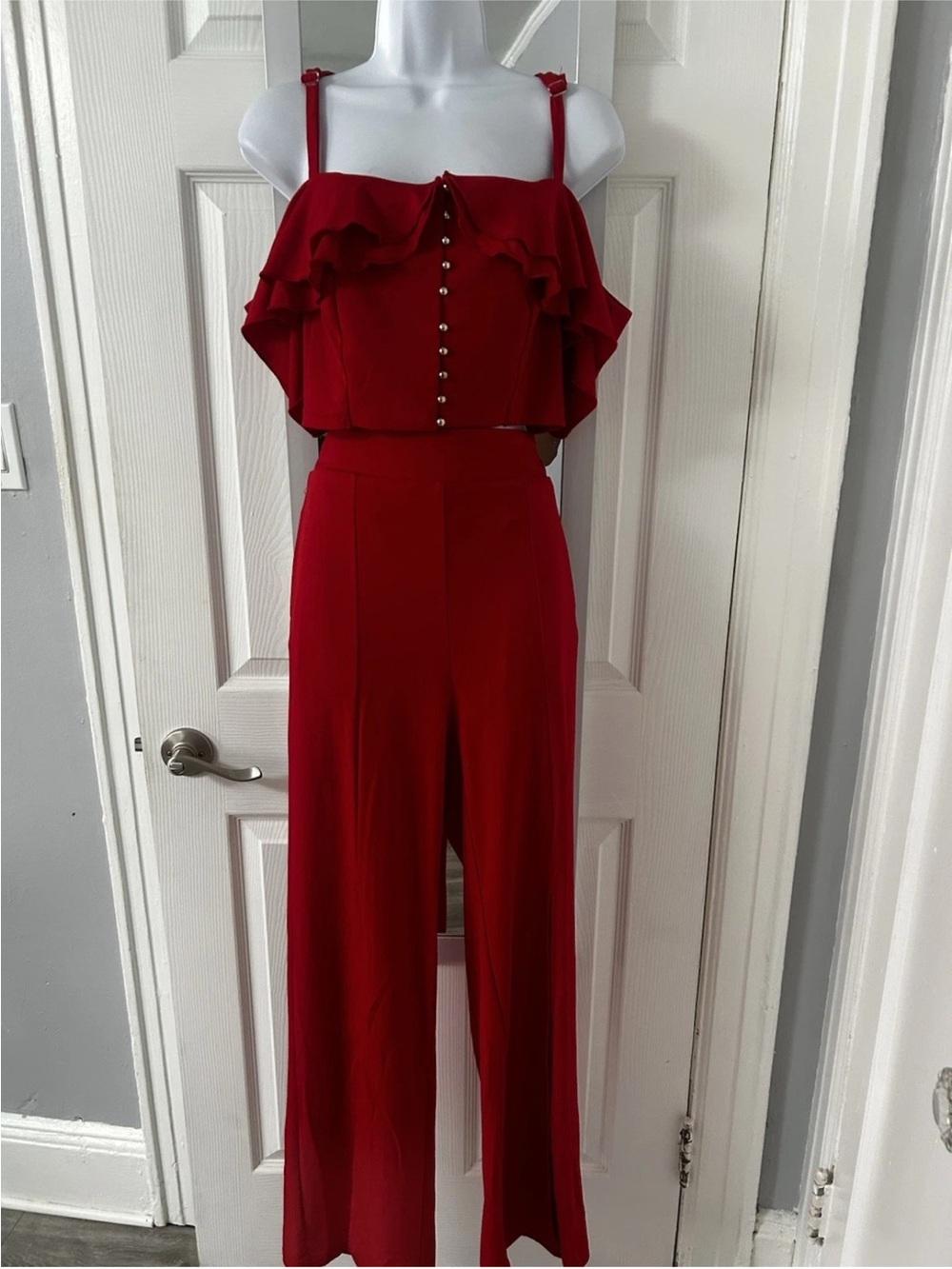 Red Ruffle Wide-Leg Jumpsuit with Button-Front Bodice